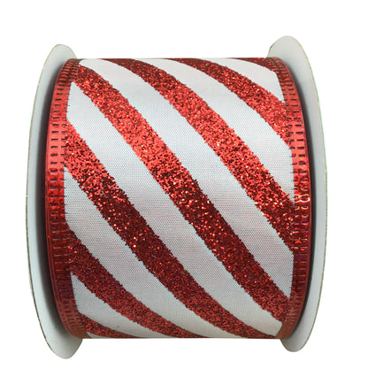 2.5 Inch By 10 Yard Red And White Glitter Stripes Ribbon
