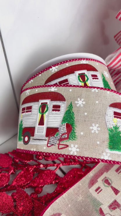 Light Natural Linen Ribbon With Red And White Camper