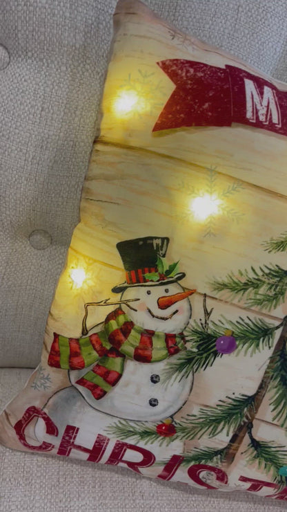 Merry Christmas Snowman 16 Inch LED Pillow