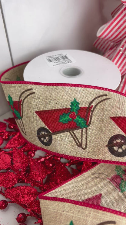 2.5 Inch By 10 Yards Natural Linen With Wheelbarrows Art Ribbon