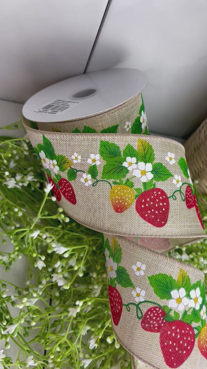 2.5 Inch By 10 Yard Natural Linen Strawberries Flowers Ribbon