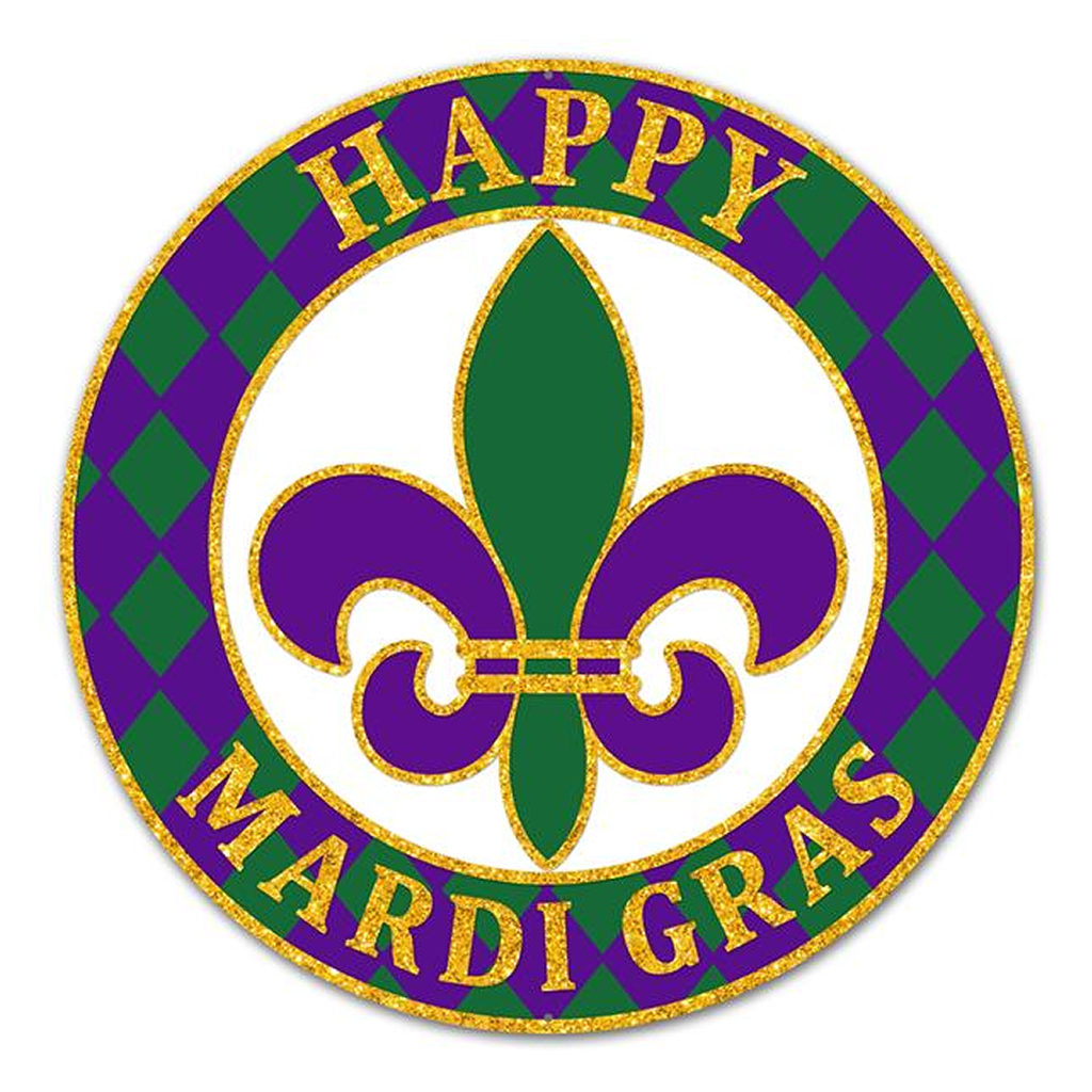 12 Inch Round Metal "Happy Mardi Gras" Sign with Glitter