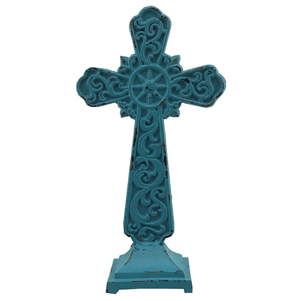 13 Inch Antique Metal Sitting Cross Red Or Blue