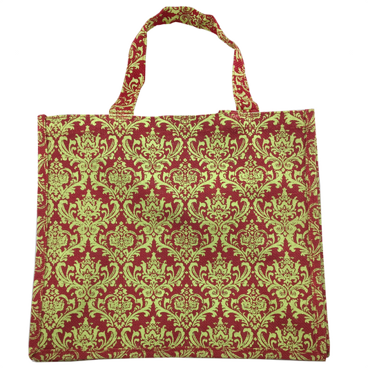 16 Inch x 14 Inch Canvas Jute Bag With Green Damask Print