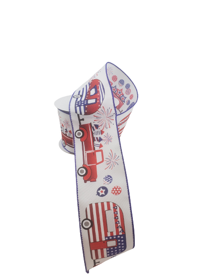 2.5 Inch By 10 Yards White Satin Patriotic Trucks and Campers