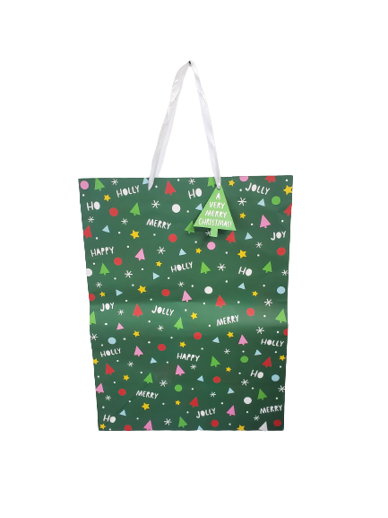 American Greetings Large Gift Bag Green With Multicolor Trees And Stars