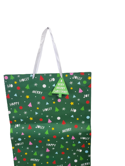 American Greetings Large Gift Bag Green With Multicolor Trees And Stars