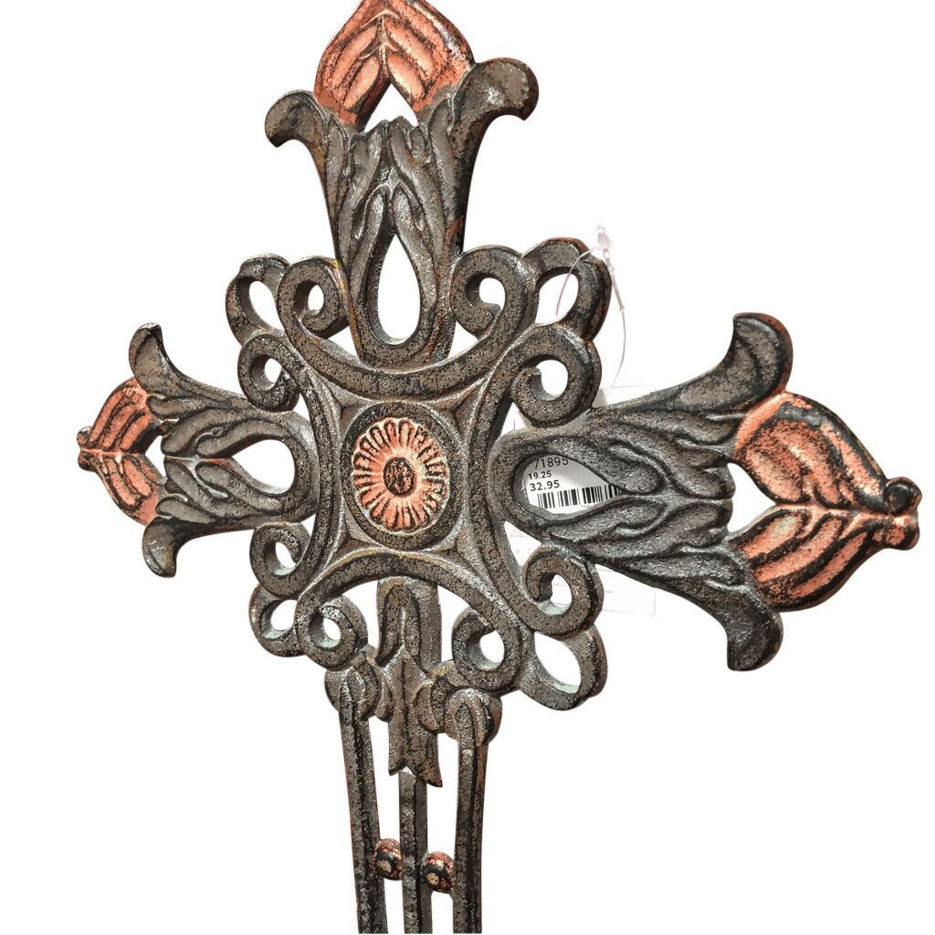 21 Inch Iron Sitting Cross With Brass Accents