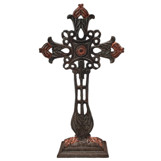 21 Inch Iron Sitting Cross With Brass Accents