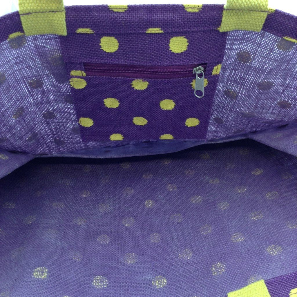 21 Inch x 14 Inch Purple With Yellow Polka Dots Canvas Jute Bag