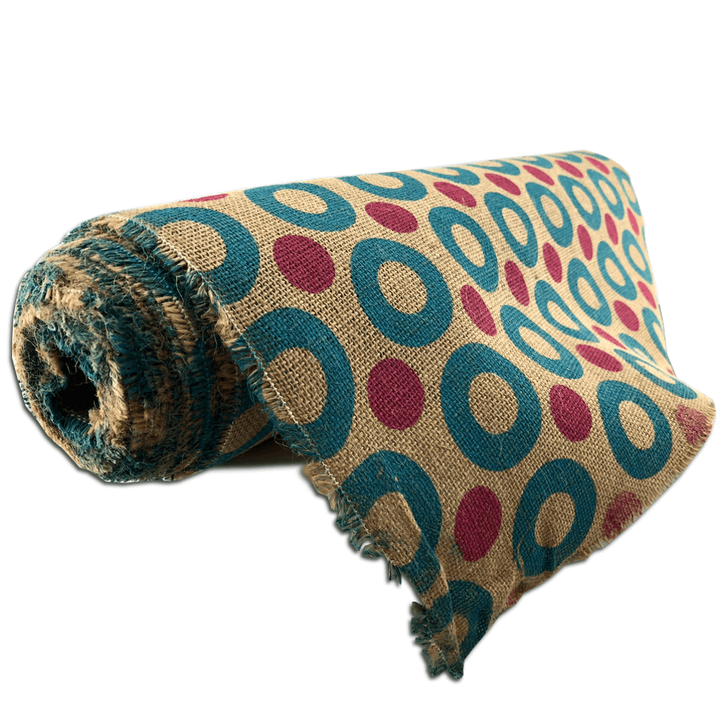 22 Inch by 10 Yards Designer Burlap Natural With Dot Peacock Pattern