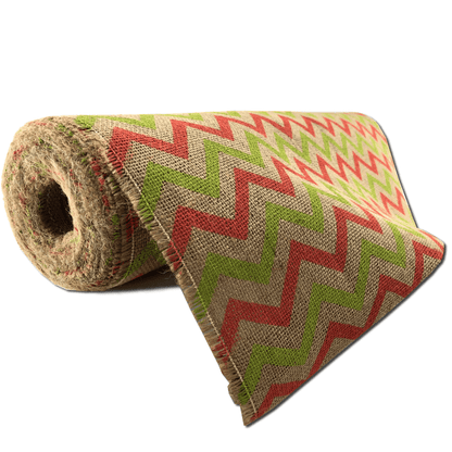 22 Inch by 10 Yards Designer Burlap Natural With Lime and Salmon Pattern