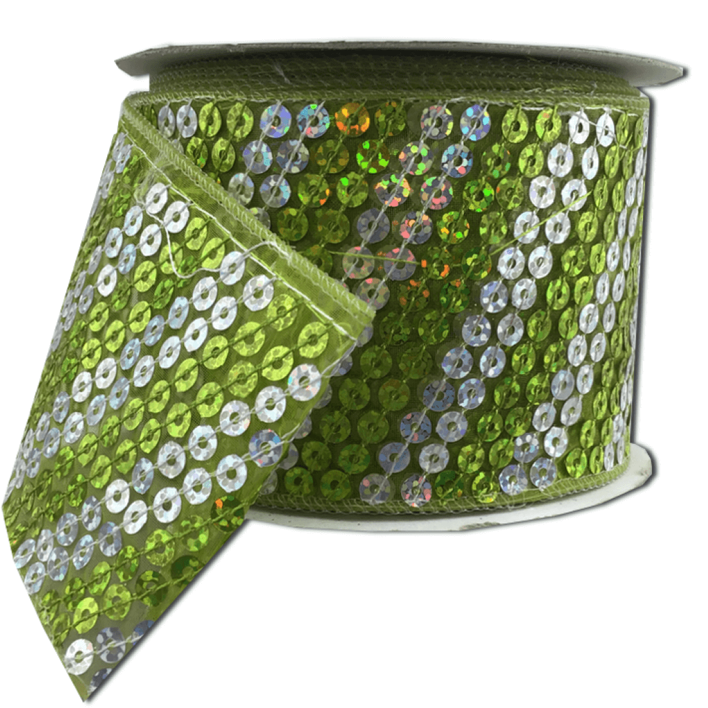 2.5 Inch By 10 Yards Diagonal Striped Citrus And Silver Sequined Ribbon