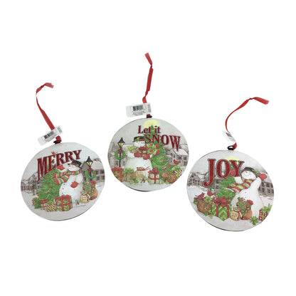 6 Inch Metal Snowman Disk Ornament 3 Styles