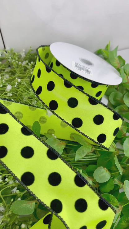 1.5 Inch Lime Green With Black Polka Dots Ribbon