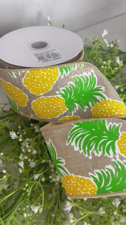 2.5 Inch By 10 Yard Natural Linen Tropical Pineapples Ribbon