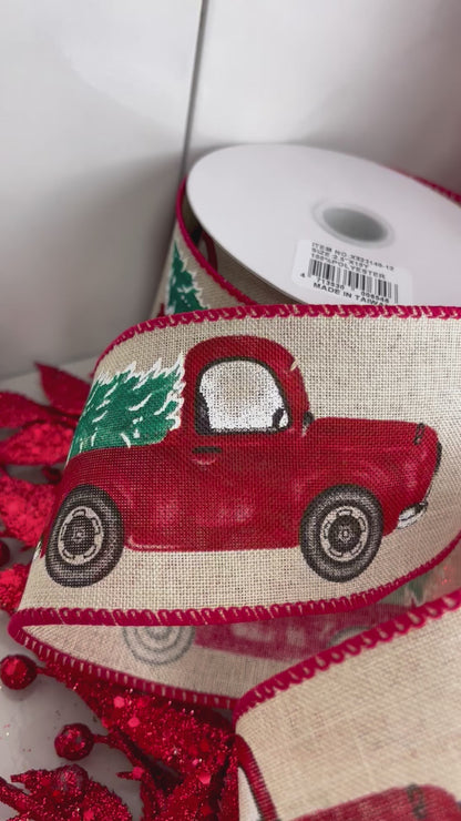 Light Natural Linen Ribbon With Red Christmas Truck 2.5 Inch 10 Yard Roll