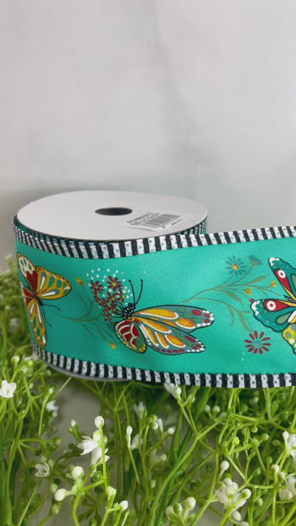 2.5 Inch Multicolored Butterfly On Flowers Teal Background Ribbon