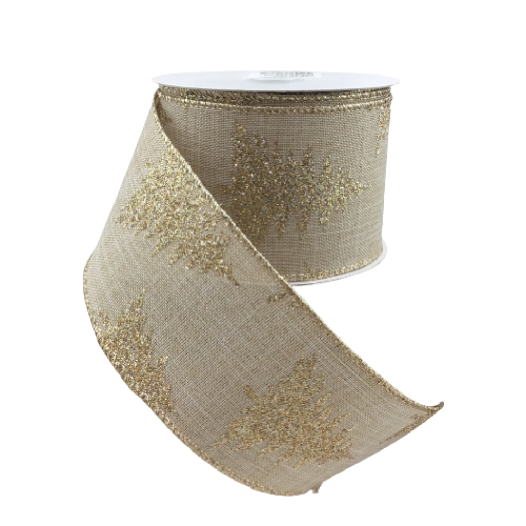 Natural Wired Ribbon With Champagne Glittered Trees 2.5 Inch