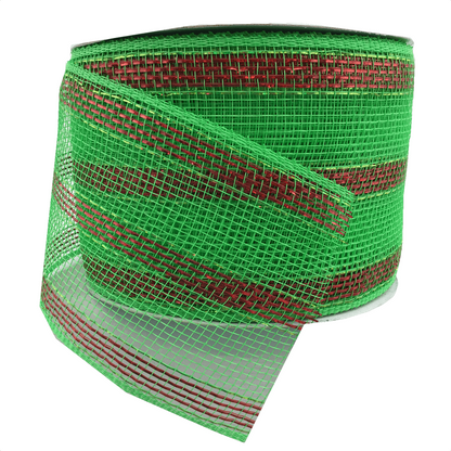 4 Inch by 25 Yards Designer Netting Green and Red Striped Glamour