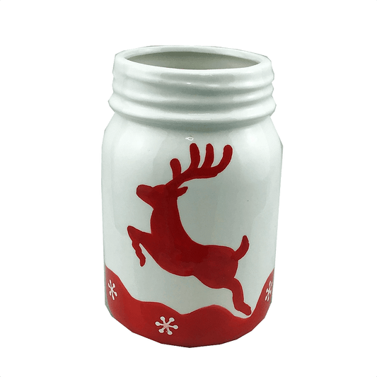 6" Red and White Ceramic Deer Jar