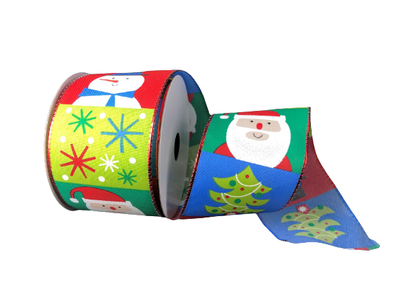 2.5 Inch Colored Blocked Ribbon With Snowman And Santa