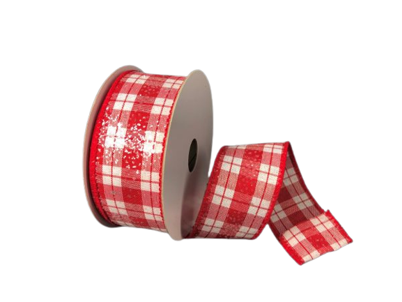 1.5 Inch Frosted Glitter Red White Plaid Ribbon