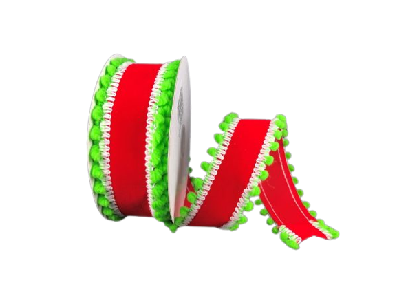 1.5 Inch Red Velvet White Thread Green Ball Edge Ribbon