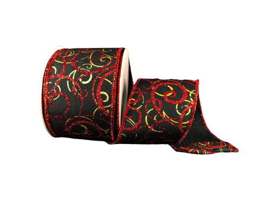 2.5 inch Ribbon With Black Background With Red And Gold Swirls