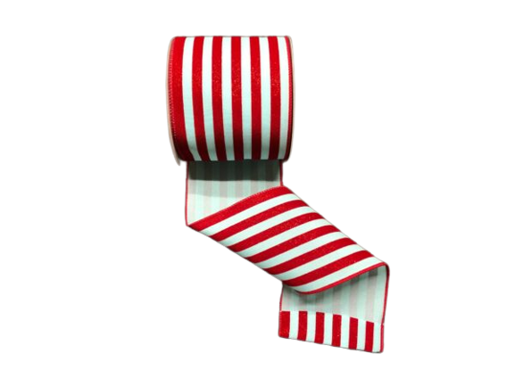 4 Inch Aqua And Red Glitter Flocked Striped Ribbon