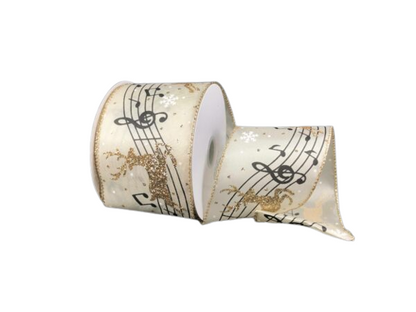 2.5 Inch Champagne Glittered Deer Music Notes Ribbon