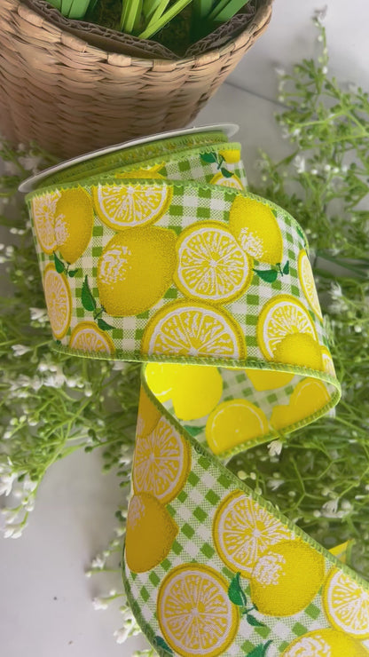 2.5 Inch By 10 Yards Green And White Gingham With Lemon Ribbon