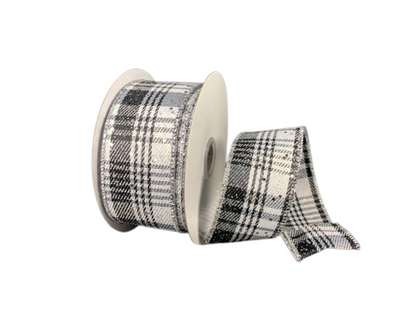 1.5 Inch Frosted Glitter Black White  Silver Plaid Ribbon