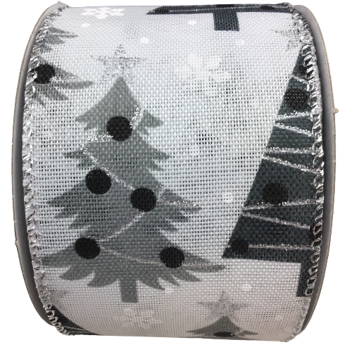 Gray Toned Christmas Trees 2.5 Inch Wired Ribbon