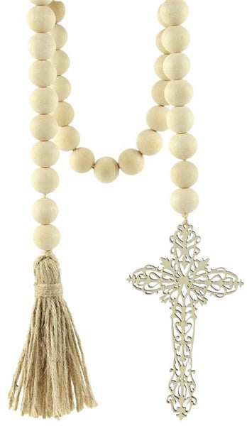 40 Inch Natural Bead Garland With Cross And Tassel