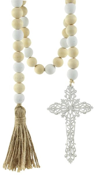 40 Inch Natural And White Bead Garland With Cross And Tassel