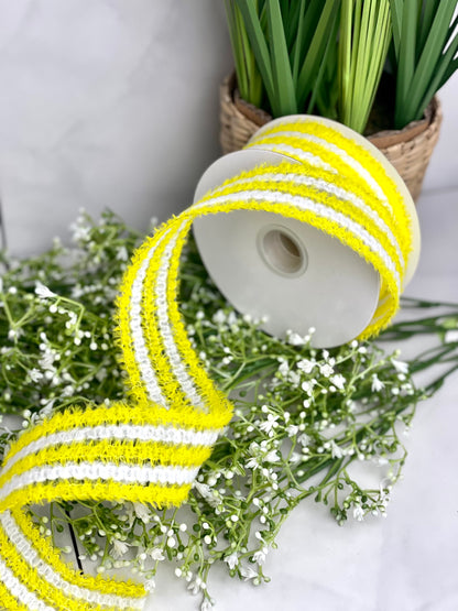 1.5 Inch Yellow White Fuzzy Stripe Ribbon