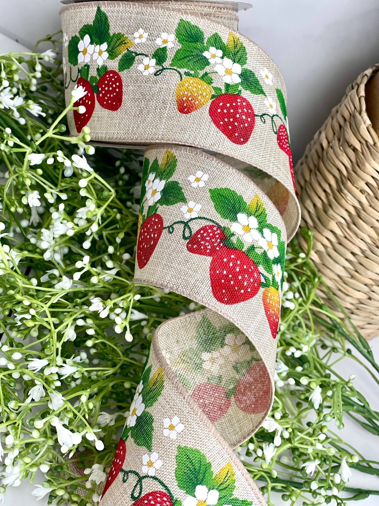 2.5 Inch By 10 Yard Natural Linen Strawberries Flowers Ribbon