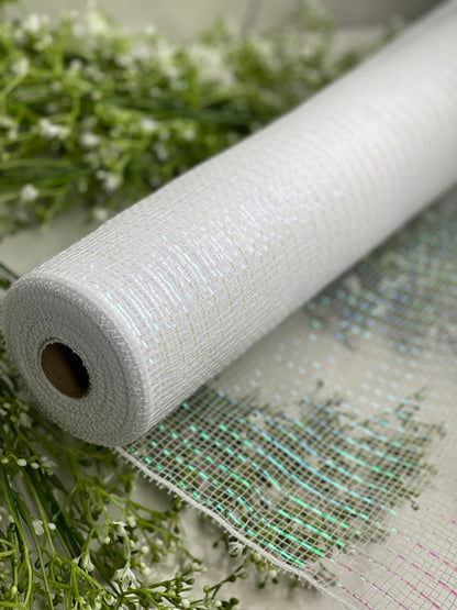 21 Inch By 10 Yards White Designer Netting With Iridescent Foil