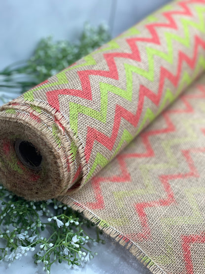 22 Inch by 10 Yards Designer Burlap Natural With Lime and Salmon Pattern