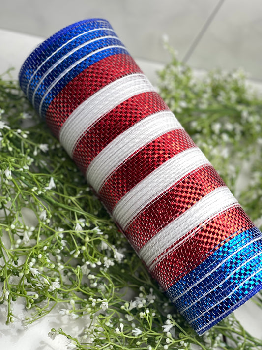 10.25 Inch by 10 Yard Red White And Blue Striped Metallic Netting
