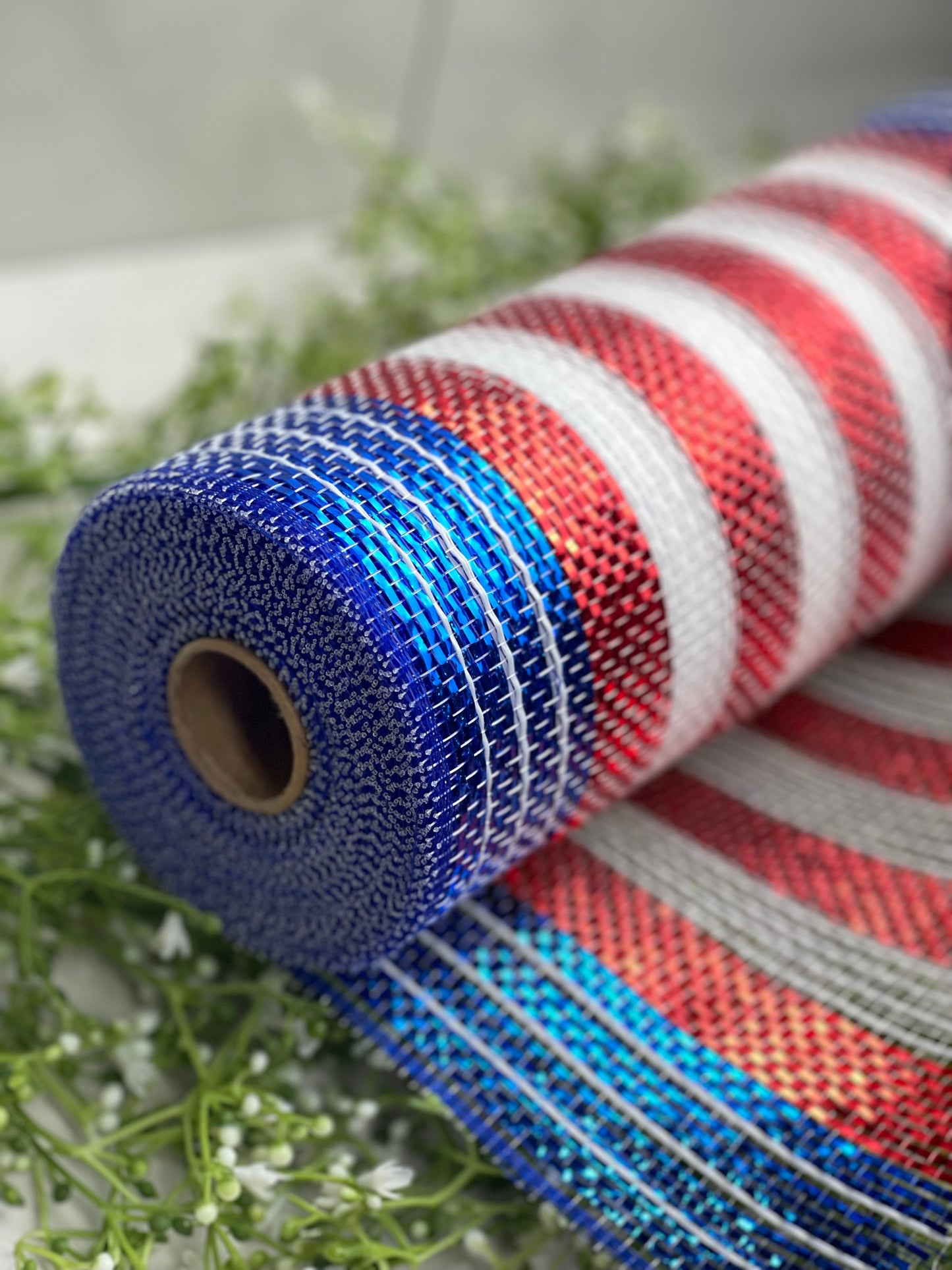 10.25 Inch by 10 Yard Red White And Blue Striped Metallic Netting