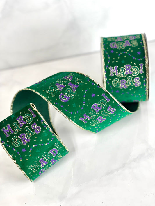 2.5 Inch Emerald Mardi Gras With Beads Ribbon