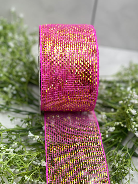 3 Inch by 20 Yards Designer Netting Hot Pink With Gold Glamour
