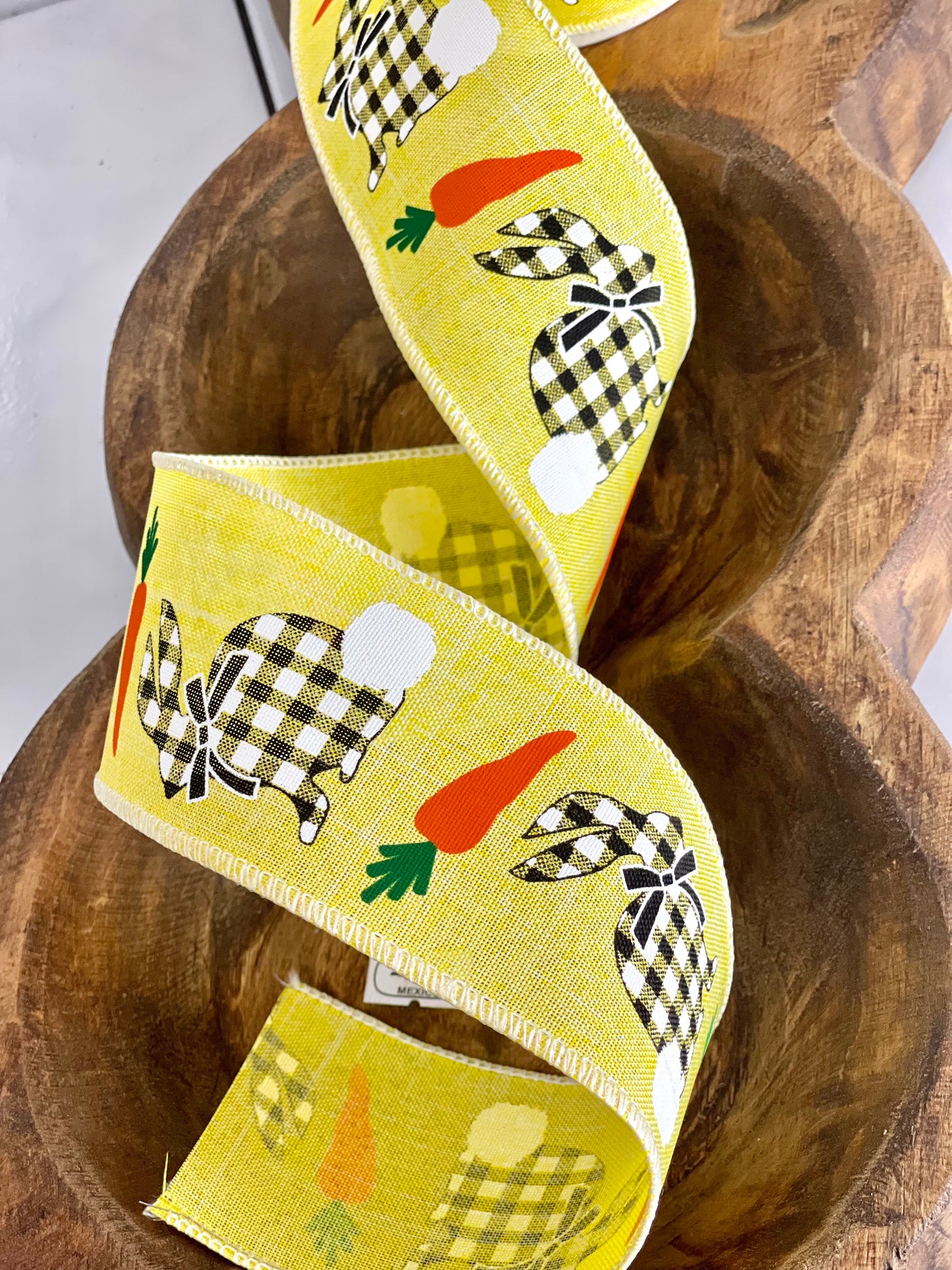 2.5 In x 10 Yard Yellow Black And White Check Bunnies and Carrots Ribbon