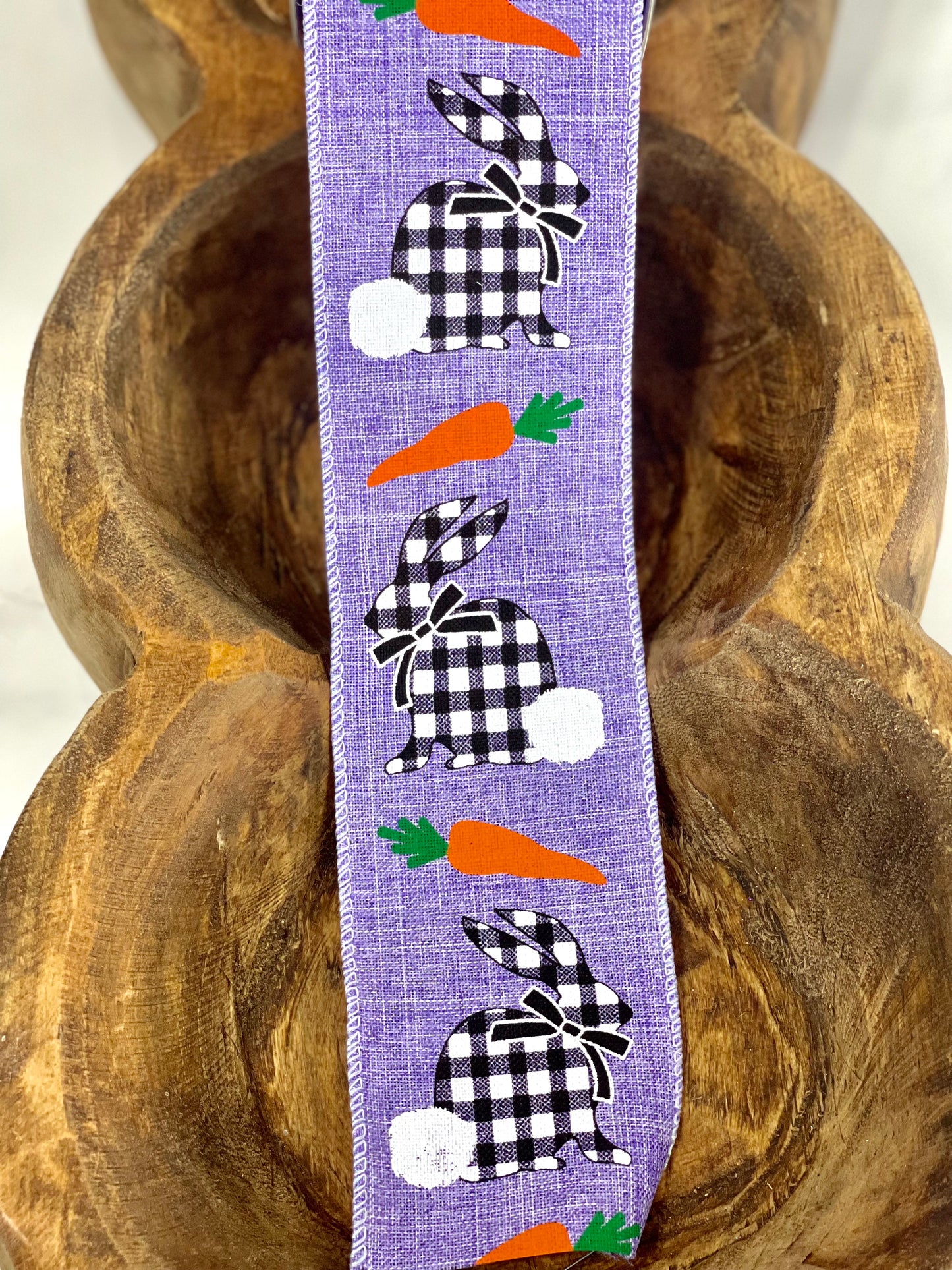 2.5 In x 10 Yard Lavender Black And White Check Bunnies and Carrots Ribbon