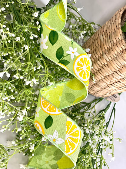 1.5 Inch By 10 Yards  Lime Linen With Lemons And Flowers Ribbon