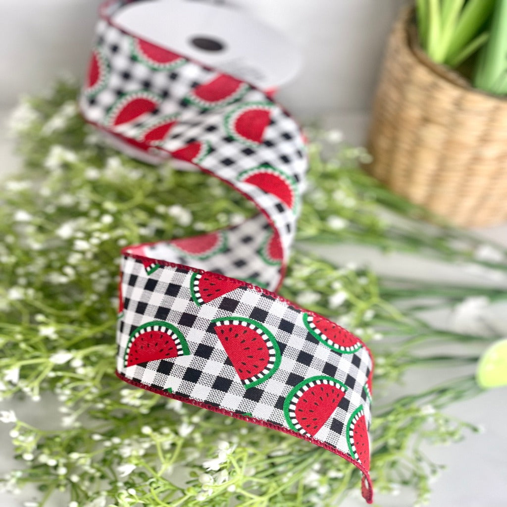 2.5 Inch By 10 Yard Black And White Buffalo Plaid With Watermelon Slices Ribbon