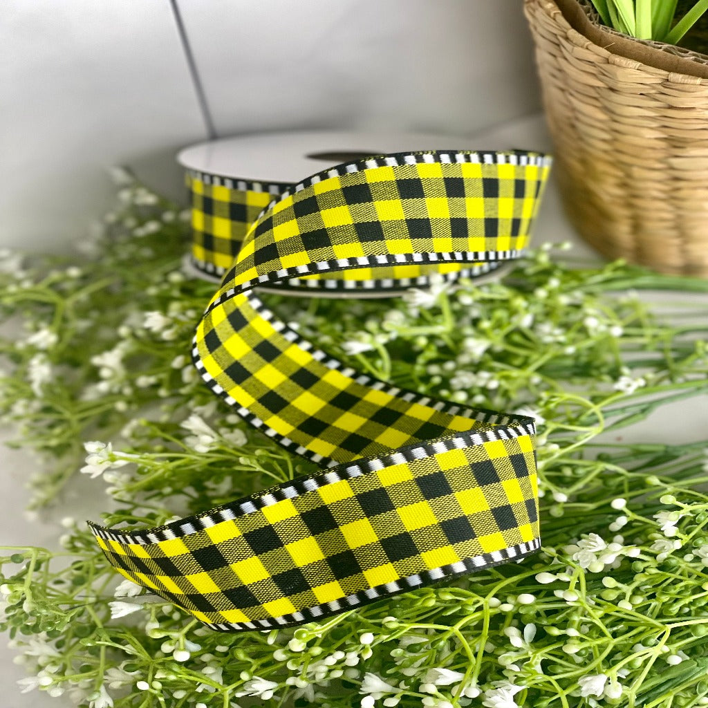 1.5 Inch By 10 Yard Yellow And Black Checkered With Plaid Black and White Edge Ribbon