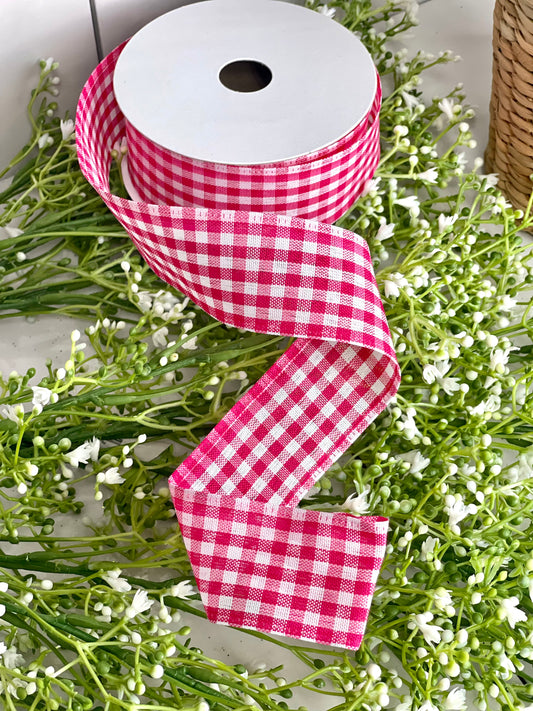 Pink White Gingham Check 1.5 Inch Wired Ribbon